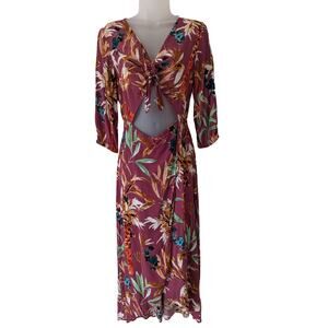 Express Womens Floral Front Cutout Midi Wrap Dress Sz Small Burgundy Multi-Color